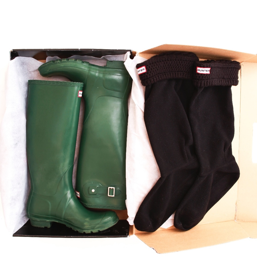 Hunter Green Original Tall Rain Boots 10F w/ Socks - Picture 2 of 8